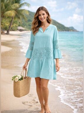 Tyler Böe Aqua Cotton Tunic Dress Lace Crochet Bell Sleeves Size L